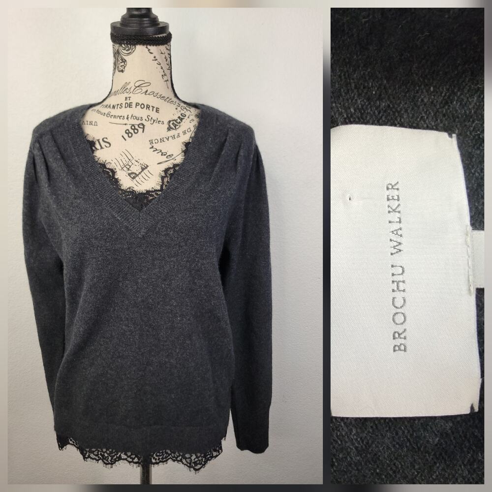 Brochu Walker Wool Cashmere Marcella Lace Vee Looker Layered Sweater SZ M